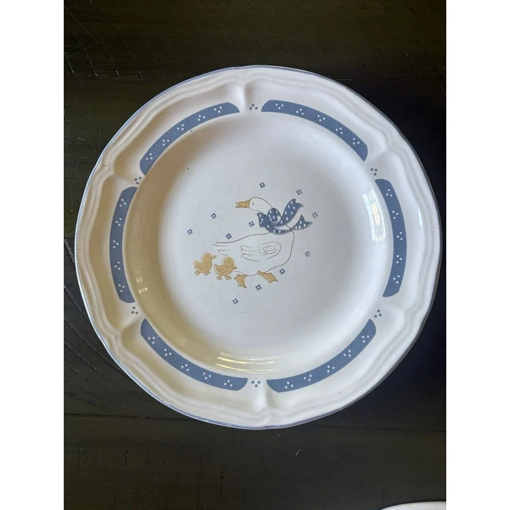 Set of 2 Home Style Country Goose Geese Stoneware Dinner Plates Cottagecore
